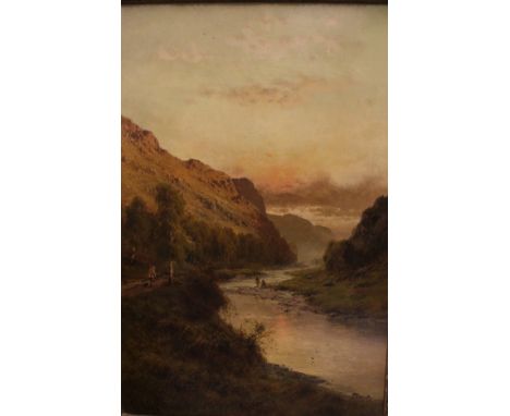 ALFRED DE BREANSKI (1852-1928) "River landscape with two fishermen on the bank, a fisherman with black terrier walking along 