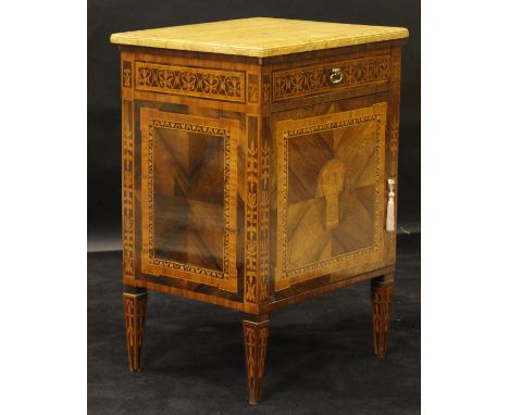 A mid 19th Century Continental cabinet with Sienna marble top above single marquetry inlaid drawer over a marquetry inlaid cu