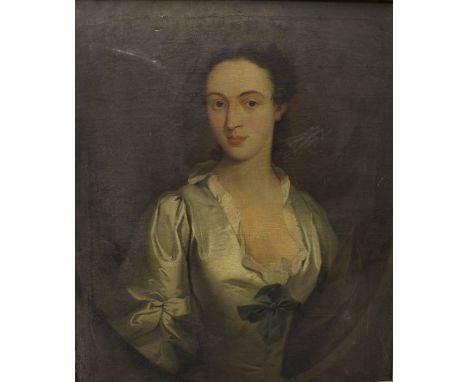 18TH CENTURY ENGLISH SCHOOL IN THE MANNER OF JOSEPH HIGHMORE "Miss Whetham", study of lady in white silk dress with blue ribb