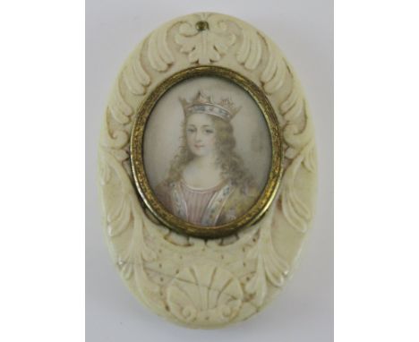 19TH CENTURY CONTINENTAL SCHOOL "Young woman in Royal Robes and Crown with flowing locks", a miniature portrait study, head a