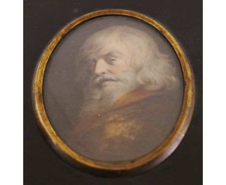 19TH CENTURY ENGLISH SCHOOL "Long grey-haired gentleman in brown coat looking back over his shoulder", miniature oil on ivory