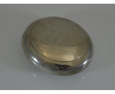 A Victorian silver snuff box of ovoid form, the lid inscribed "From D.A.D to R.R Jr" (by George Unite, Birmingham 1886), 8 cm