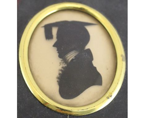 19TH CENTURY ENGLISH SCHOOL "Gentleman in mortar board", a miniature portrait study, silhouette on glass, unsigned, 7 cm x 6 