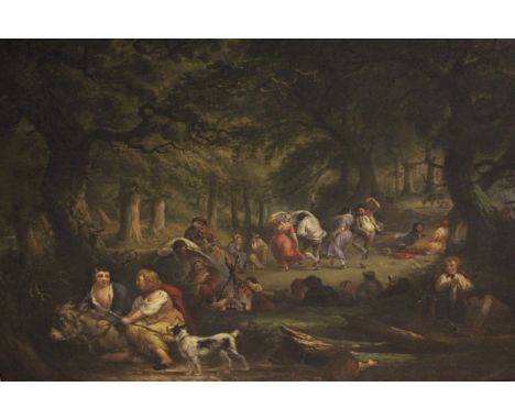 19TH CENTURY CONTINENTAL SCHOOL "The Gypsy encampment", with figures dancing, camp fire and figures with dog and donkey in fo
