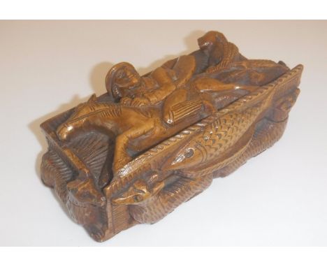 A 19th Century carved sycamore Burns table snuff box carved with Adventures of Tam O'Shanter depicting the lines " The Carlin