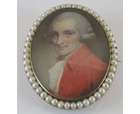 19TH CENTURY ENGLISH SCHOOL "Gentleman in grey wig and red coat", a miniature portrait study, head and shoulders, oval, oil o