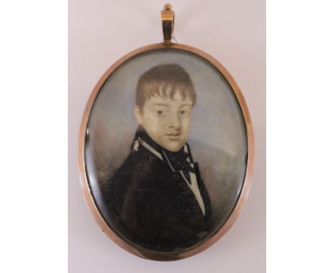 19TH CENTURY ENGLISH SCHOOL "Young man in black stock and coat", a miniature portrait study, head and shoulders, oval, oil on