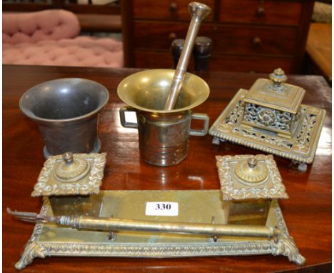 2 Brass pestle & mortars, toast fork + 2 desk inkwells 