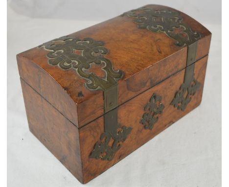 Burr walnut brass bound tea caddy, 2 section fitted interior 