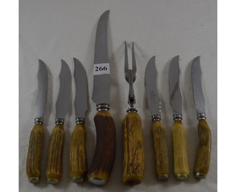 6 Bone handle knives + carving knife & fork 