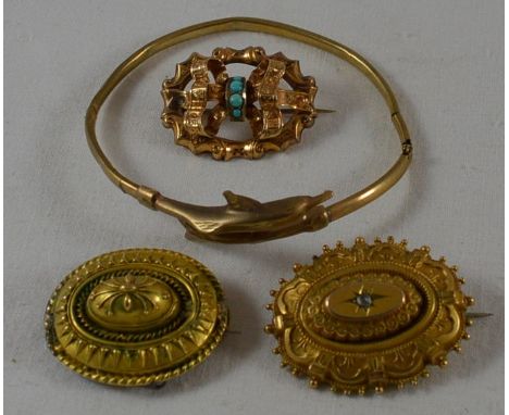 Dolphin bangle, 2 Victorian locket brooches + turquoise set brooch 
