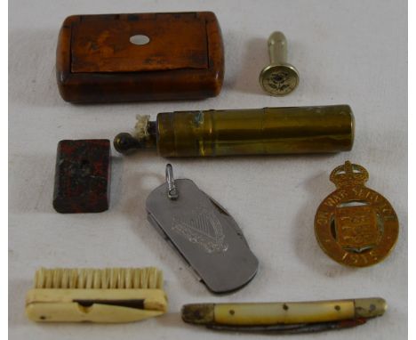 Guinness penknife, Truro Stanhope, brass Para lighter, nail brush, seal + 1915 War Service badge + Vesta case 