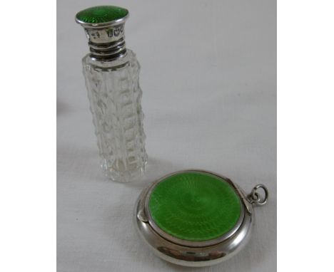 Silver & green enamel small compact & scent bottle 