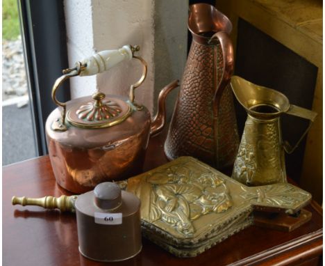 Copper kettle, caddy + ewer & brass ewer + bellows 