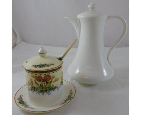 Crown Ducal jam pot & Mother of Pearl handle spoon & Crown Staffordshire coffee pot 