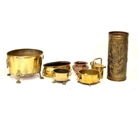 Assorted brassware to include; a stick stand, watering can, oval log bin, planters, copper jardinière etc (7)  