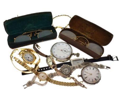 Small group of assorted watches to include; open-face stopwatch, small silver open-face pocket watch, assorted lady's gold-pl