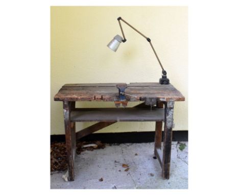 Vintage work bench with Fuller bench vice and an adjustable anglepoise-style inspection lamp, the table top 119cm x 68cm x 84