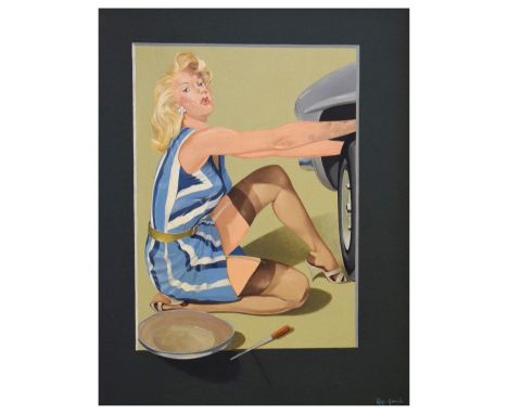 Roy Gamlin - Acrylic on canvas - 1950's-style portrait of a lady changing a car wheel, signed lower right, 59.5cm x 49cm, in 