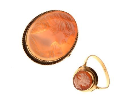 9ct gold cameo brooch with female profile portrait, together with a yellow metal cameo ring stamped 750, 8.8g gross approx (2