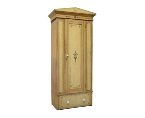 Victorian simulated grained single wardrobe having architectural pediment, single door and drawer below, 77cm wide  