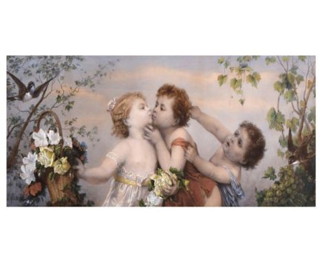 After F. Lefler - French - Coloured print of cherubs in a garden setting, 28.5cm x 68cm, in a good Florentine-style gilt foli