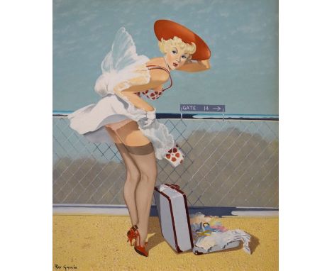 Roy Gamlin - Acrylic on canvas - 1950's-style female portrait of a Marilyn Munro-type figure on a platform, signed lower left
