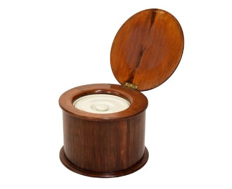 Late 19th Century mahogany cylindrical box commode having hinged cover and ceramic liner, 41.5cm diameter  