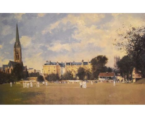 Roy Perry - Signed limited edition cricket print - 'Taking Guard At Bath', 134/250, 37cm x 56.5cm, framed and glazed  