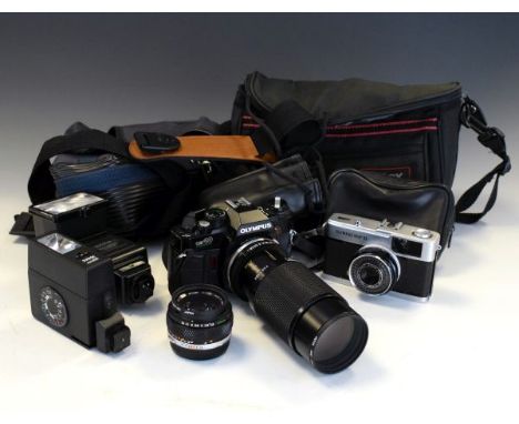 Cameras - Olympus OM40 camera with 50mm Zuiao lens, Tamron zoom lens, together with an Olympus Trip35 camera and accessories 