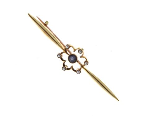 Yellow metal, sapphire and seed pearl bar brooch of flowerhead design, stamped 5ct, 3.7g gross approx  