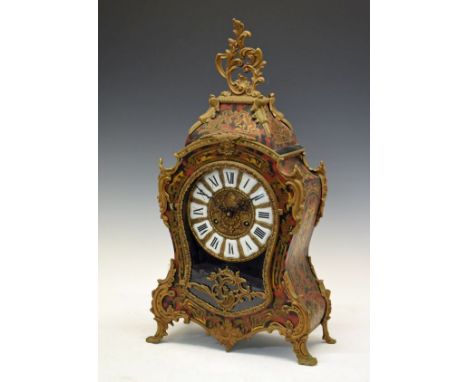 20th Century French red boulle mantel clock, with white cellular Roman dial and later German movement, in waisted case, 56cm 