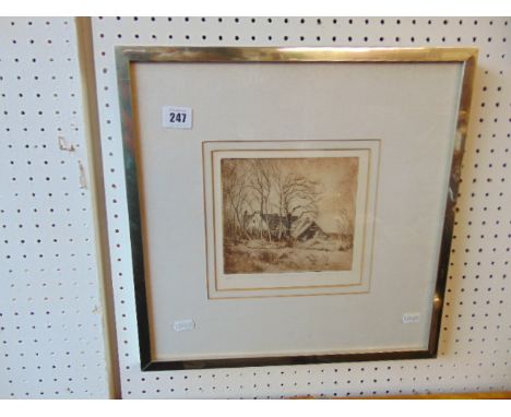 A framed and glazed etching, Country cottage scene