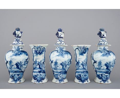 A 5-piece Dutch Delft garniture, 18th C. H.: 35 cm (incl. cover)Each vase decorated with a central panel showing a girl fishi