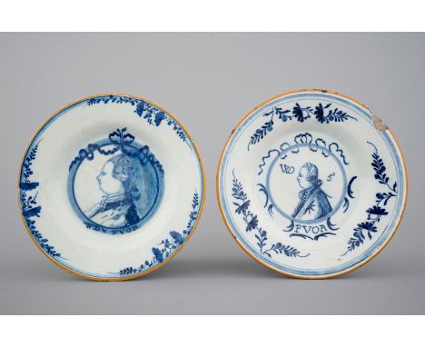 Two Dutch Delft blue and white royal portrait plates, 18th C. Dia.: 23 cmBoth plates depict Willem the 5th of Orange.Conditio