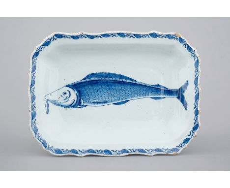 A Dutch Delft blue and white rectangular herring dish, 18th C. Dim.: 23 x 17 cmMarked with an axe, for "De Porceleyne Bijl", 