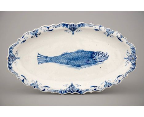 A Dutch Delft blue and white oval herring dish, 18th C. Of oval shape, marked with a star symbol above JB and a numeral 5, fo