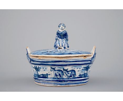 A blue and white Dutch Delftware butter tub with a lady-shaped finial, 18th C. H: 10 cm, Dia: 11 cmSigned PVM - 48 for Petrus