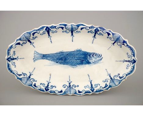 A Dutch Delft blue and white oval herring dish, 18th C. Dim.: 27 x 15,5 cmMarked for Dirck van den Berg                      