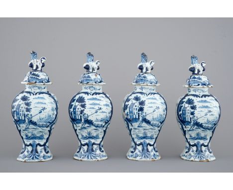 A set of 4 fine Dutch Delft blue and white vases with hunting scenes, 18th C. H.: 34 cm (incl. lid)Condition: chips throughou