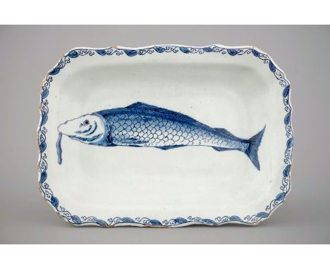 A Dutch Delft blue and white rectangular herring dish, 18th C. Dim.: 23,5 x 17 cmMarked with an axe for the De Porceleyne Byl