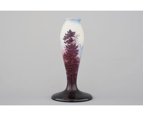 An Emile Galle Art Nouveau cameo lamp base with forest landscape scene         H 22   cm Condition: A chip repaired on the fo