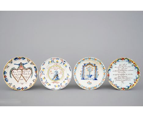 A lot of 4 polychrome Dutch Delft plates incl. a royal portrait plate, 18th C. Dim.: 22-23 cmThe marriage plate dated 1837.Co