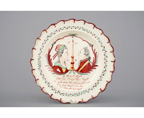 A rare Dutch-decorated English Leeds creamware royal portrait plate, 18th C. Dia.: 23 cmÂ   Condition reports and high resolu