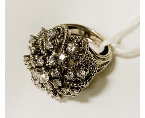 18CT WHITE GOLD DIAMOND CLUSTER RING CRAFTED IN FRANCE - SIZE N - 16.9 GRAMS APPROX