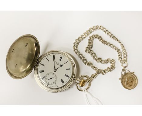 HM SILVER POCKET WATCH - J.W BENSON - WITH ALBERT CHAIN &amp; COIN