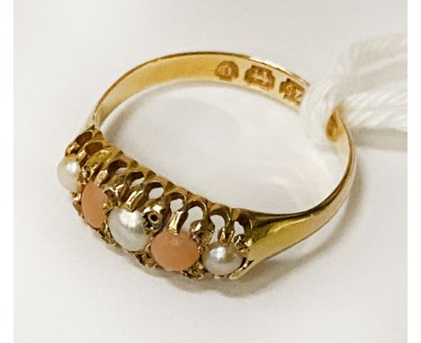 15CT GOLD PEARL &amp; CORAL RING - SIZE K