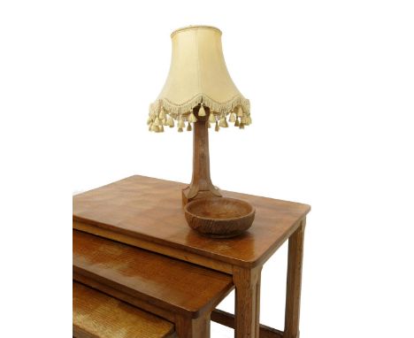 A Robert Mouseman Thompson oak table lamp, tapering  octagonal column with carved leaf motif and carved mouse signature, and 