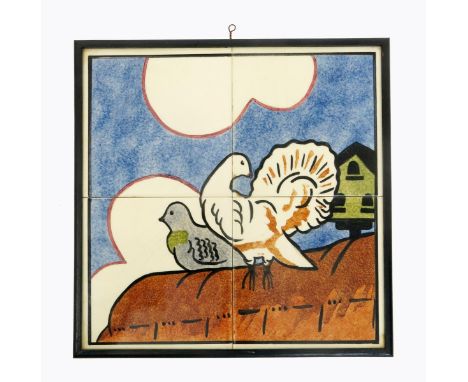 A Carter & Company Poole Pottery Farmyard Series four tile panel designed by E.E. Stickland, made for Dewhurst butchers, hand