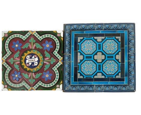 A Minton's four tile panel in the manner of A.W.N. Pugin, modelled in low relief with radiating flower stems and foliage with